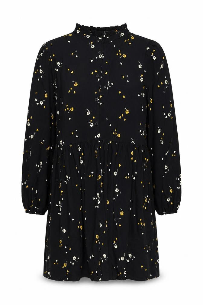 Front view of ASOS women’s black floral polyester shift, size UK 18, round neck button