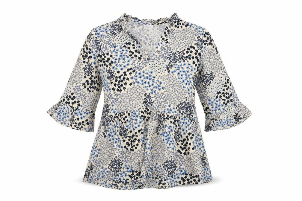 Saint Tropez Womens Ivory Floral Viscose Basic T-Shirt Size S V-Neck
