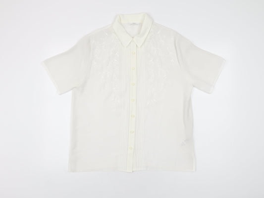 St Michael Womens White Floral Polyester Basic Button-Up Size 14 Collared