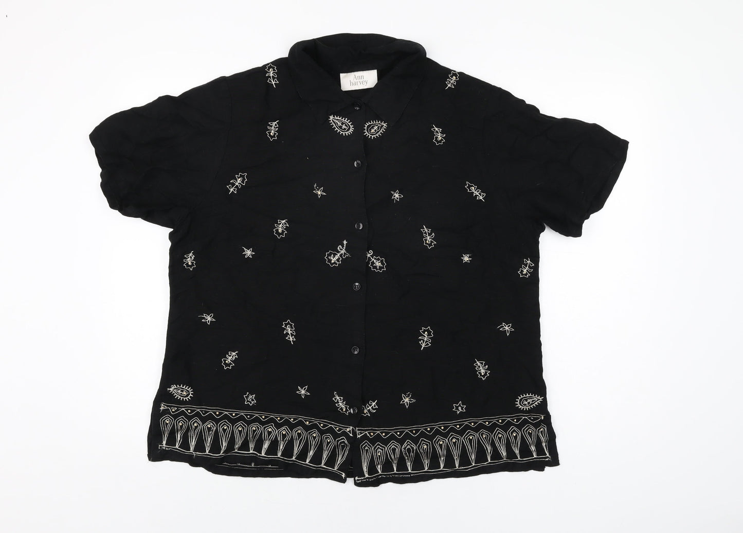 Ann Harvey Womens Black Floral Viscose Basic Button-Up Size 16 Collared