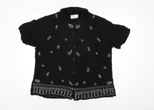 Ann Harvey Womens Black Floral Viscose Basic Button-Up Size 16 Collared