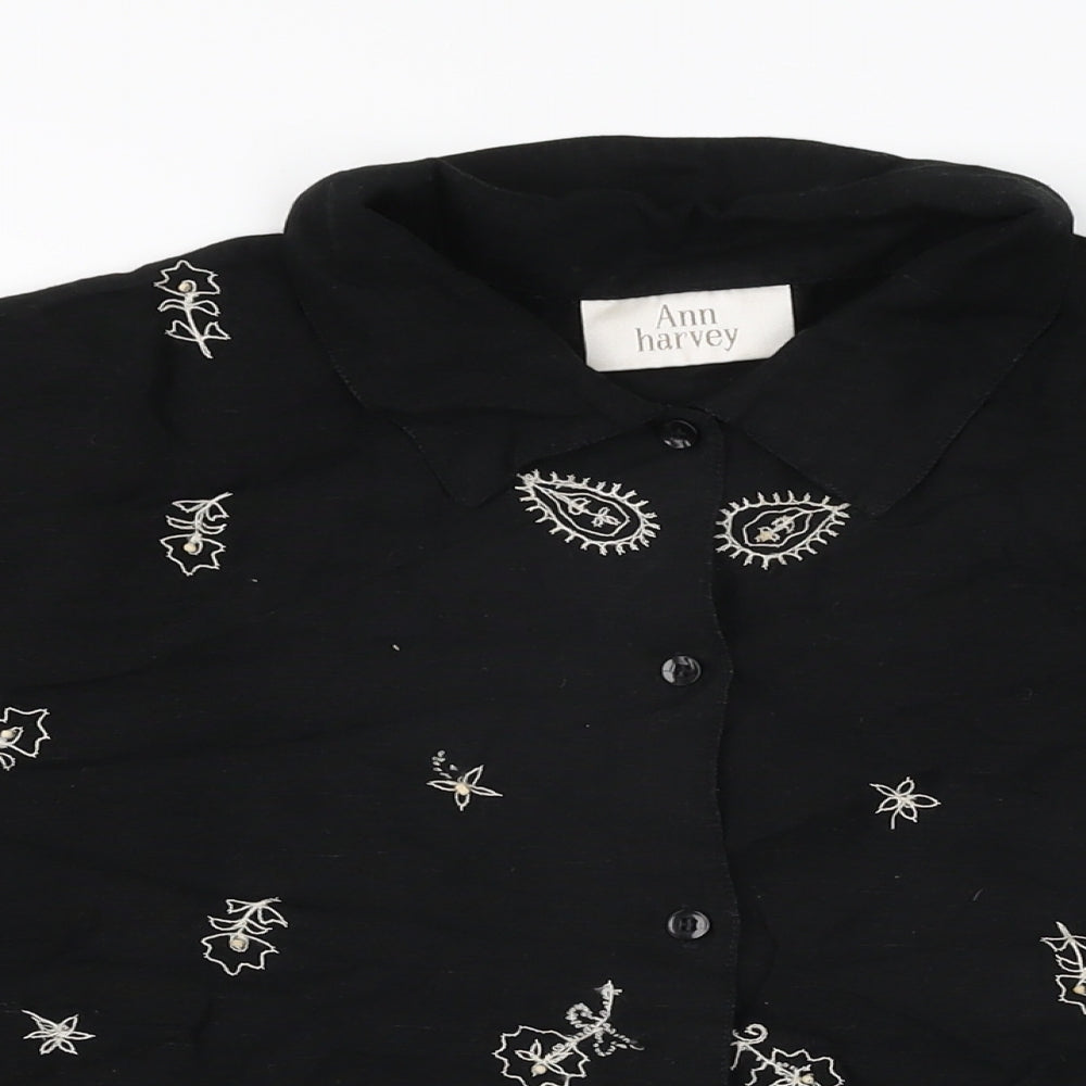 Ann Harvey Womens Black Floral Viscose Basic Button-Up Size 16 Collared