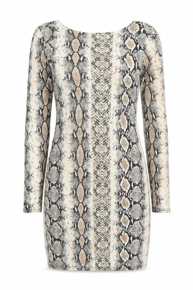 Front view of Missguided women’s beige animal print viscose bodycon, size UK 14, round neck pullover