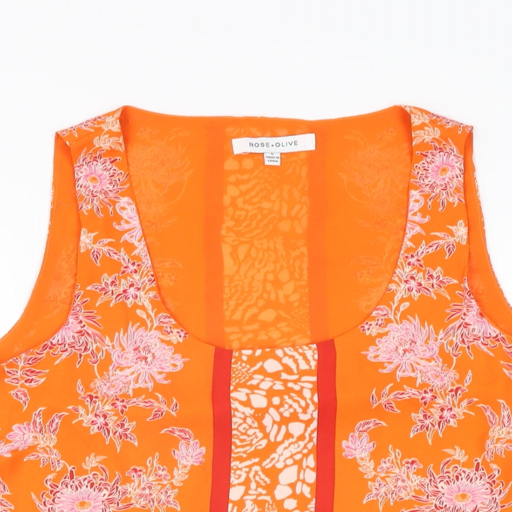 Rose & Olive Womens Orange Floral Polyester Basic T-Shirt Size L Scoop Neck