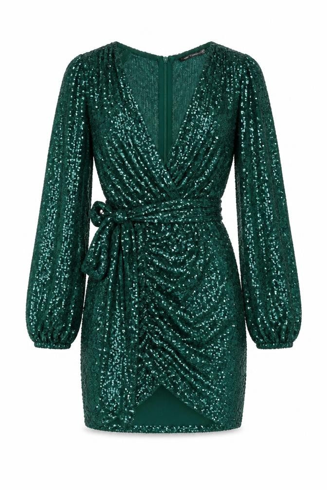 Front view of I SAW IT FIRST women’s green polyester mini, size UK 8, v-neck zip - sequins