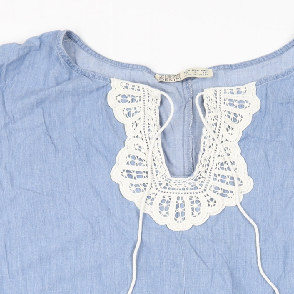 Zara Womens Blue Cotton Shift Size S V-Neck Pullover