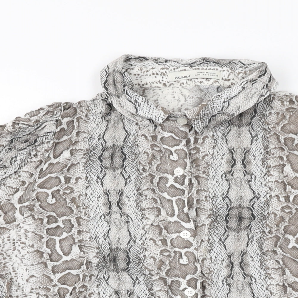 Pull&Bear Womens Grey Animal Print Viscose Basic Button-Up Size M Collared