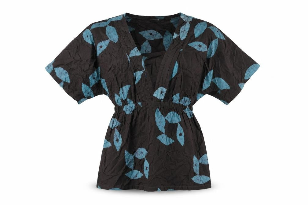 Global Mamas Womens Brown Geometric Cotton Basic T-Shirt Size S V-Neck