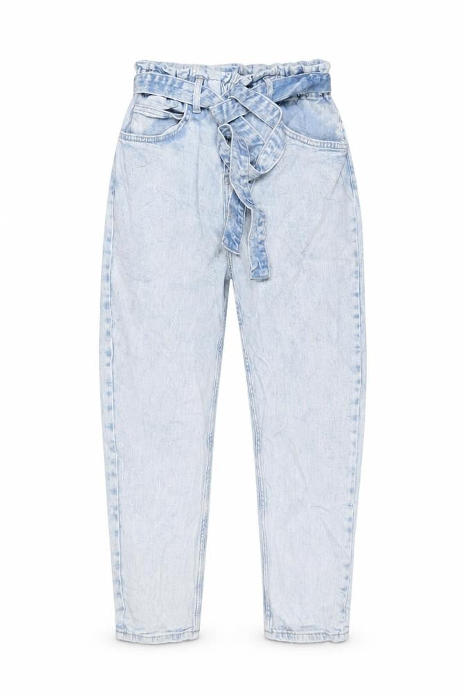 Front view of In the Style women’s blue cotton straight jeans, size UK 8, 25-inch leg regular zip - belted