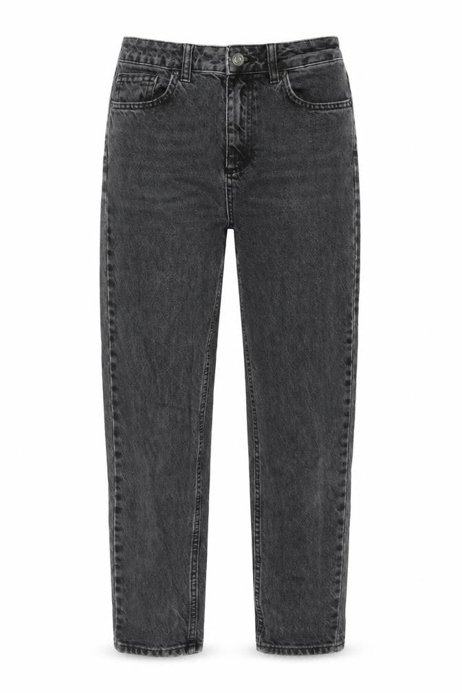 Front view of BDG women’s grey cotton mom jeans, size UK 27, in, 27-inch leg regular button