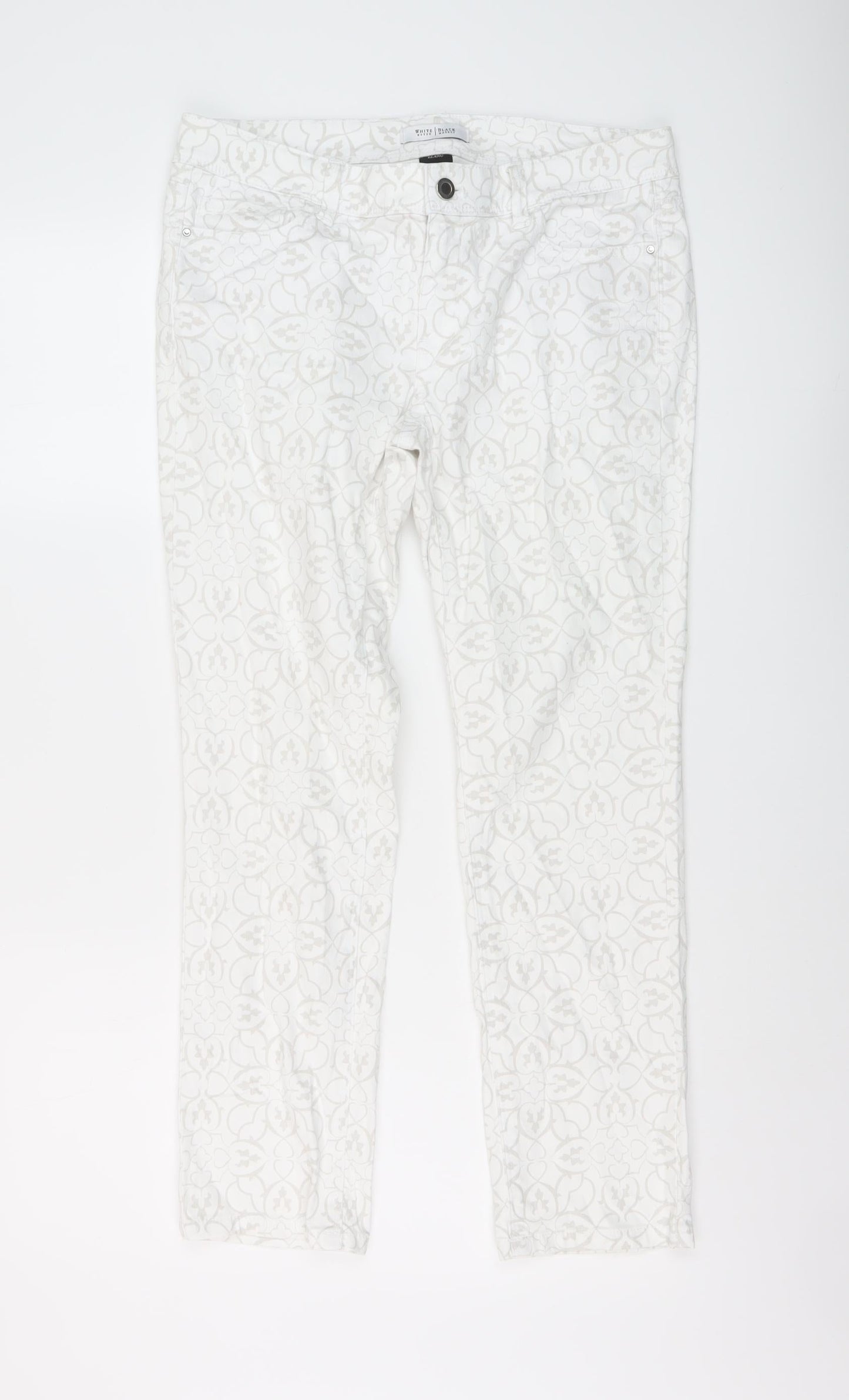 White House Black Market Womens White Geometric Cotton Straight Jeans Size 6 L26 in Regular Button