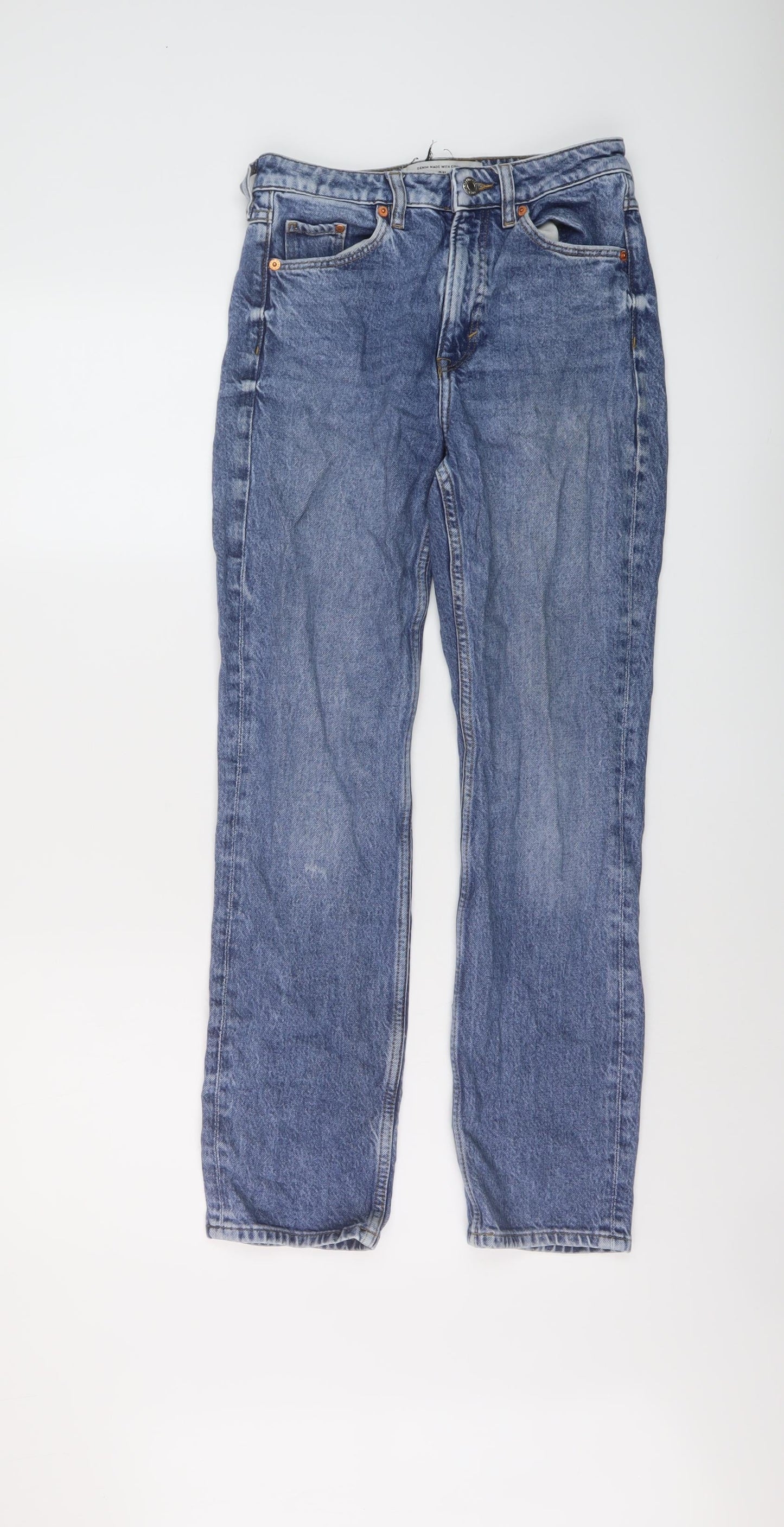 H&M Womens Blue Cotton Straight Jeans Size 4 L27 in Slim Button