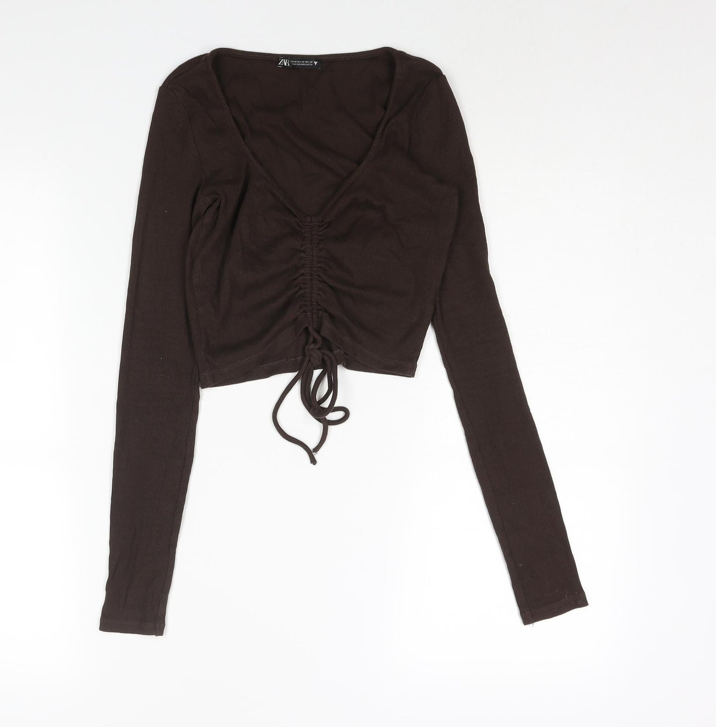 Zara Womens Brown Cotton Cropped Blouse Size M V-Neck - Ribbed Drawstring Detail
