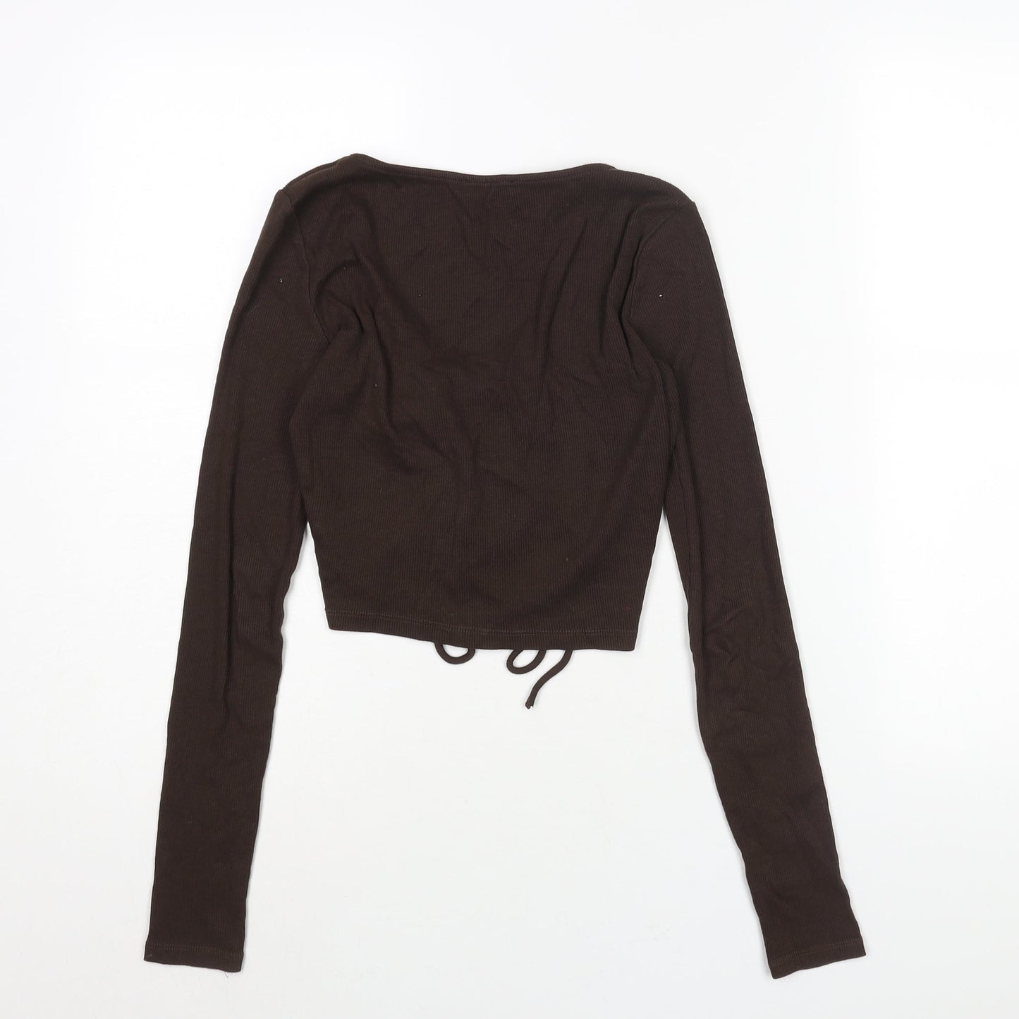 Zara Womens Brown Cotton Cropped Blouse Size M V-Neck - Ribbed Drawstring Detail