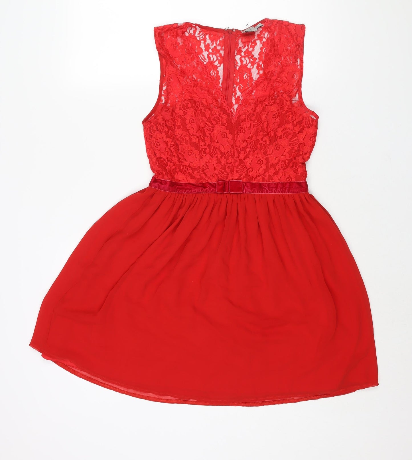 ASOS Womens Red Nylon Fit & Flare Size 10 Round Neck Zip - Lace Bodice Bow