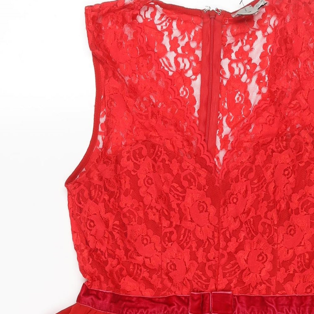 ASOS Womens Red Nylon Fit & Flare Size 10 Round Neck Zip - Lace Bodice Bow