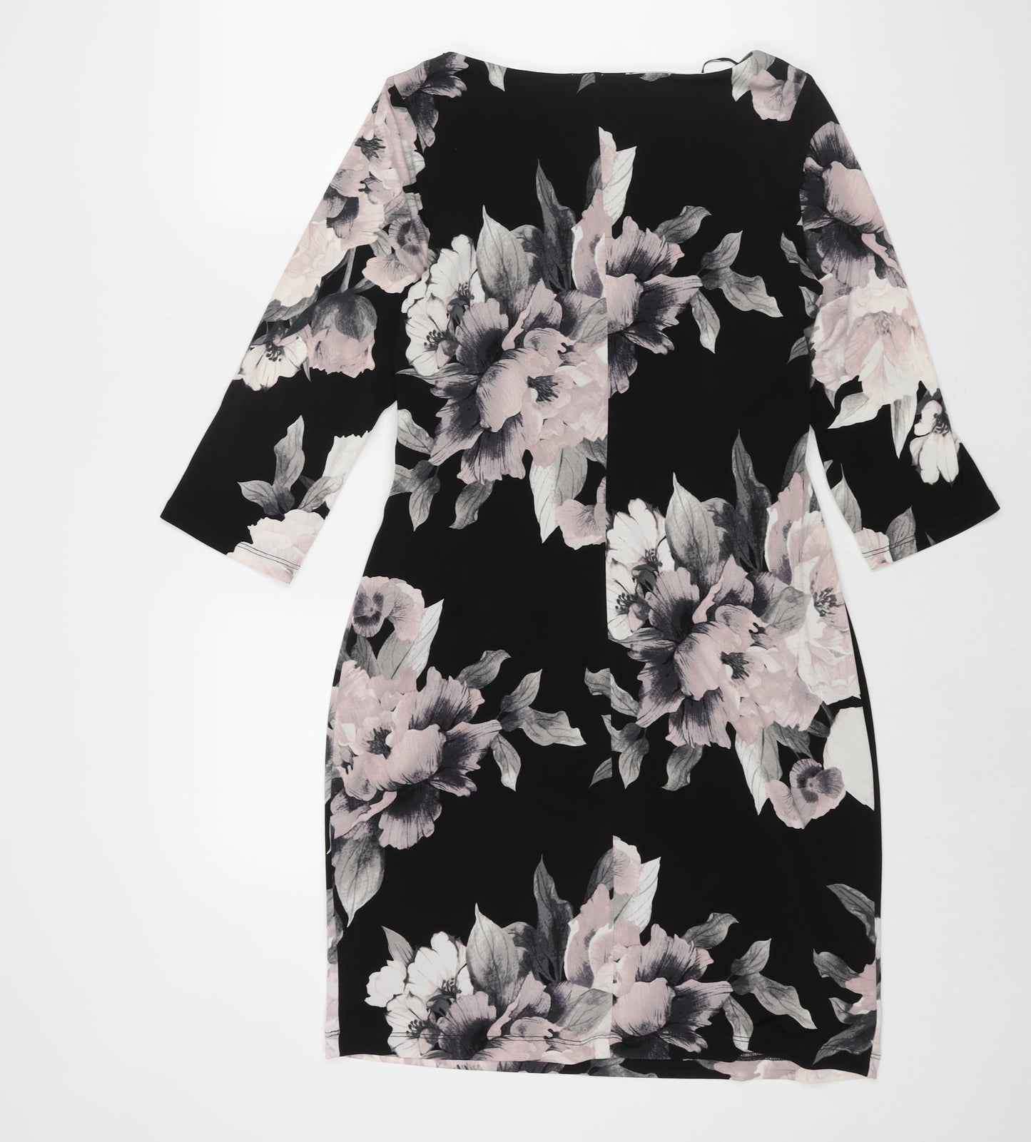 Roman Womens Black Floral Polyester Shift Size 14 Boat Neck Pullover - Twist Detail
