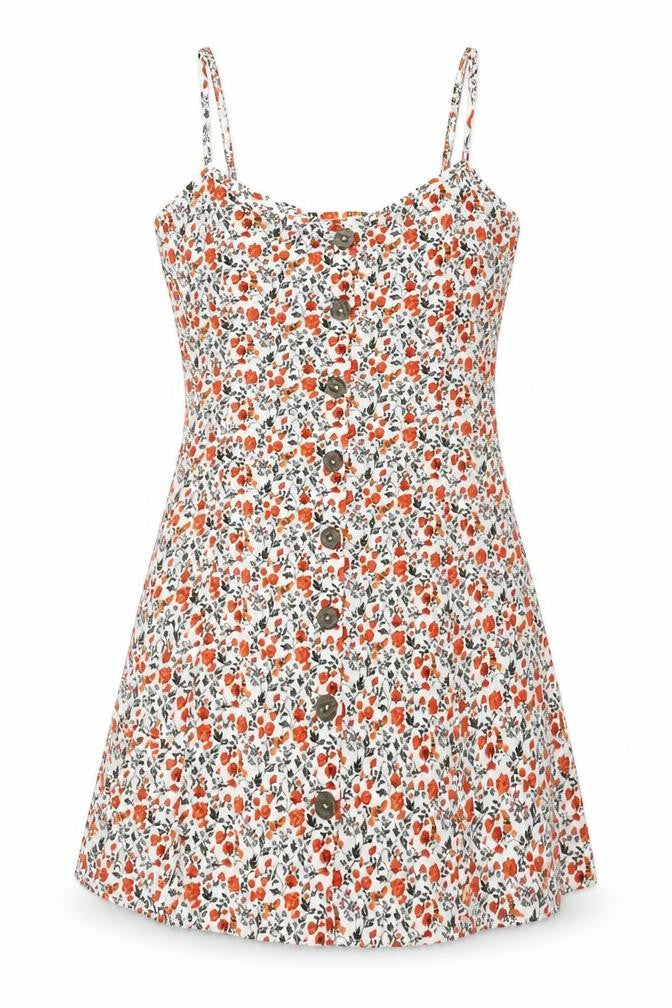 Front view of ASOS women’s multicoloured floral cotton mini, size UK 14, scoop neck button