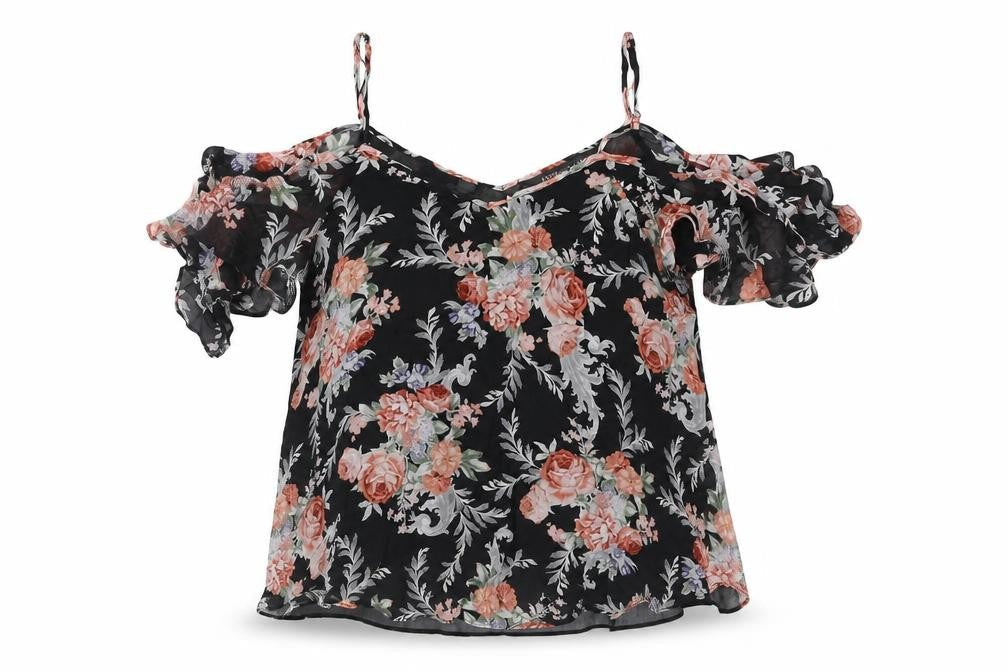 Forever New Womens Black Floral Viscose Basic Blouse Size 10 V-Neck - Cold Shoulder Frill