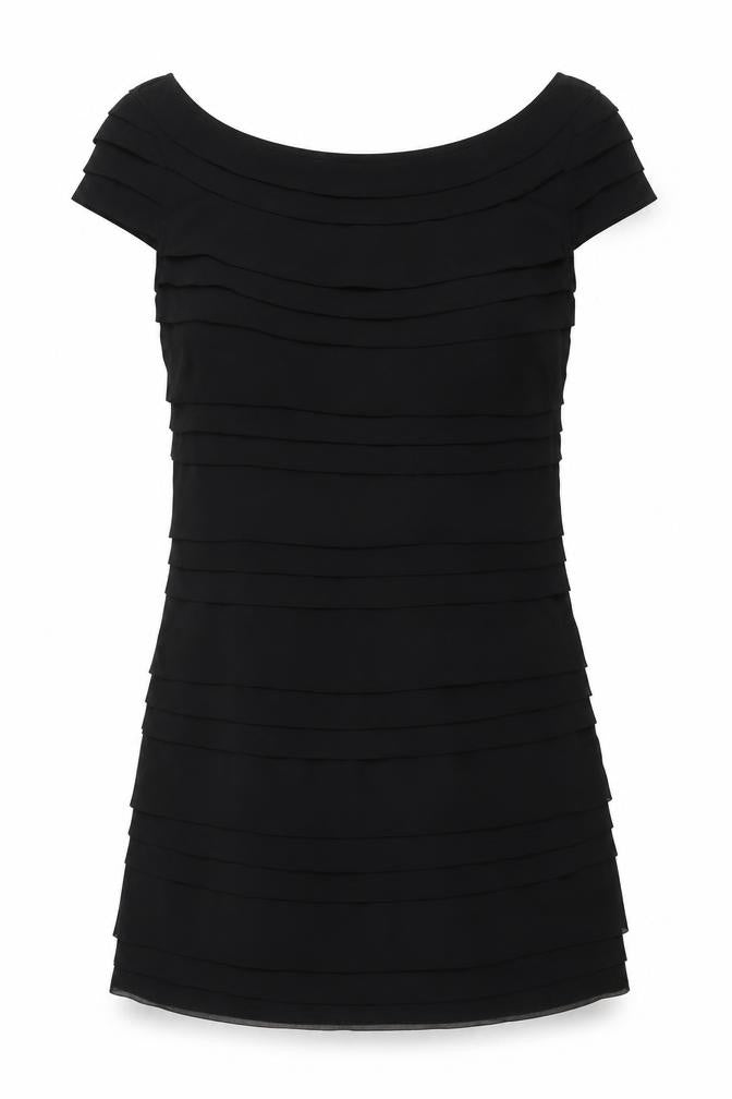 Front view of French Connection women’s black polyester mini, size UK 8, boat neck pullover - layered pleat