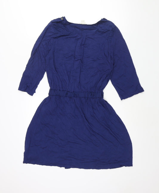 Monsoon Womens Blue Viscose A-Line Size 12 Round Neck Button - Drawstring Waist
