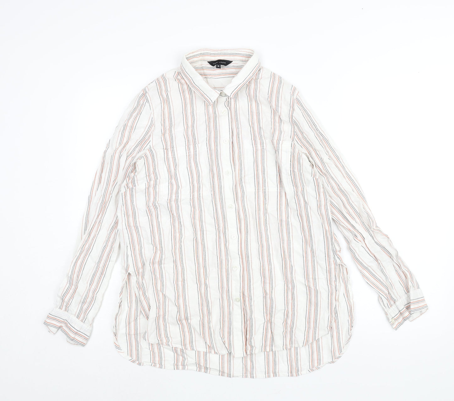 New Look Womens White Striped Cotton Basic Button-Up Size 14 Collared