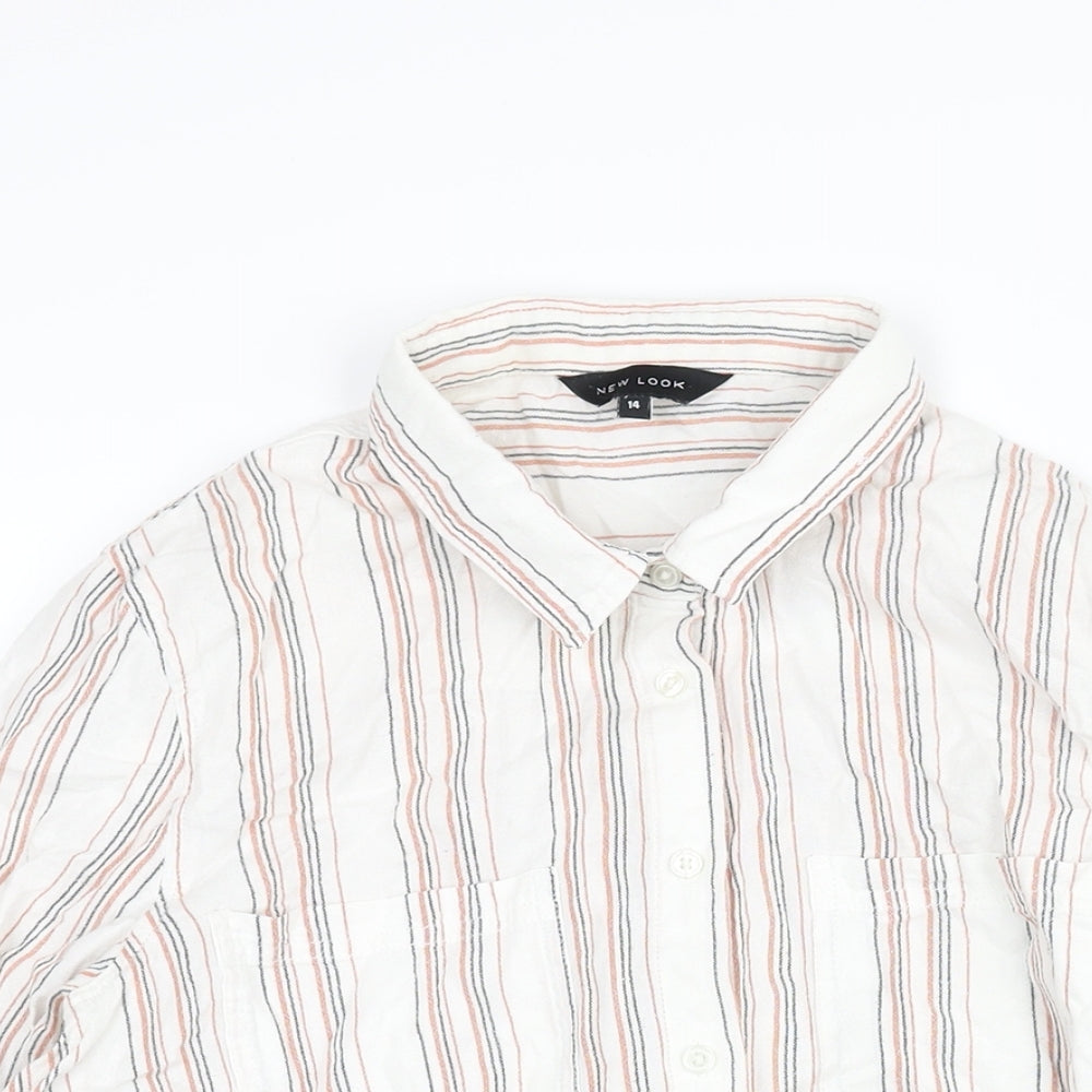 New Look Womens White Striped Cotton Basic Button-Up Size 14 Collared