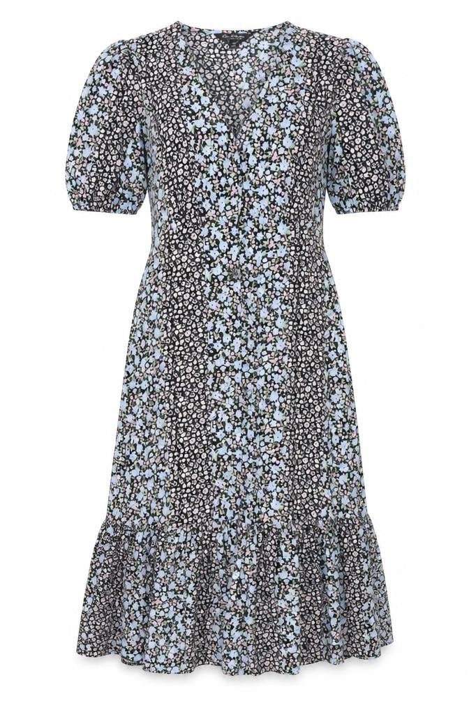 Front view of Miss Selfridge women’s multicoloured floral polyester shift, size UK 6, v-neck button