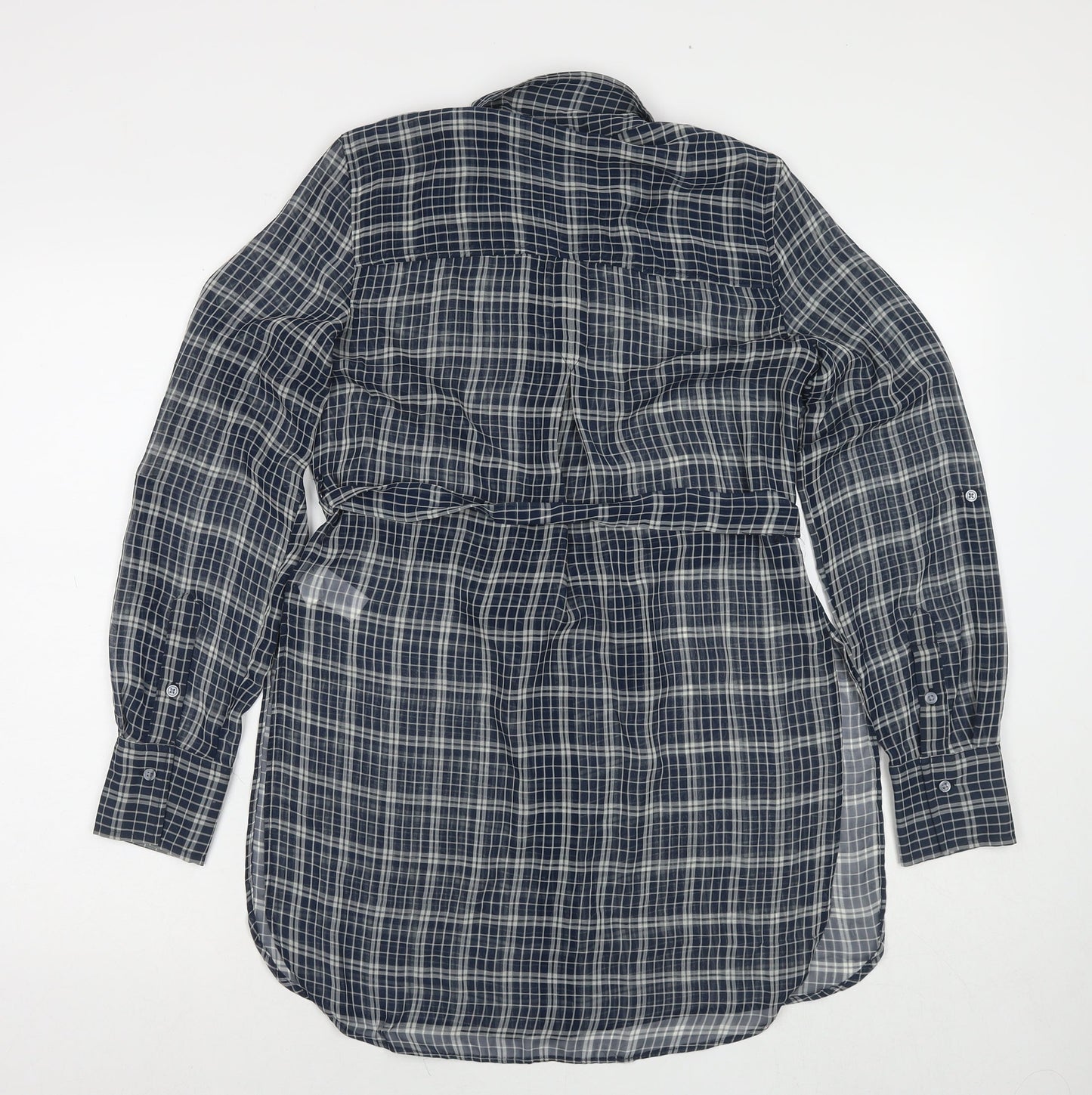 NEXT Womens Blue Check Polyester Tunic Button-Up Size 8 Collared