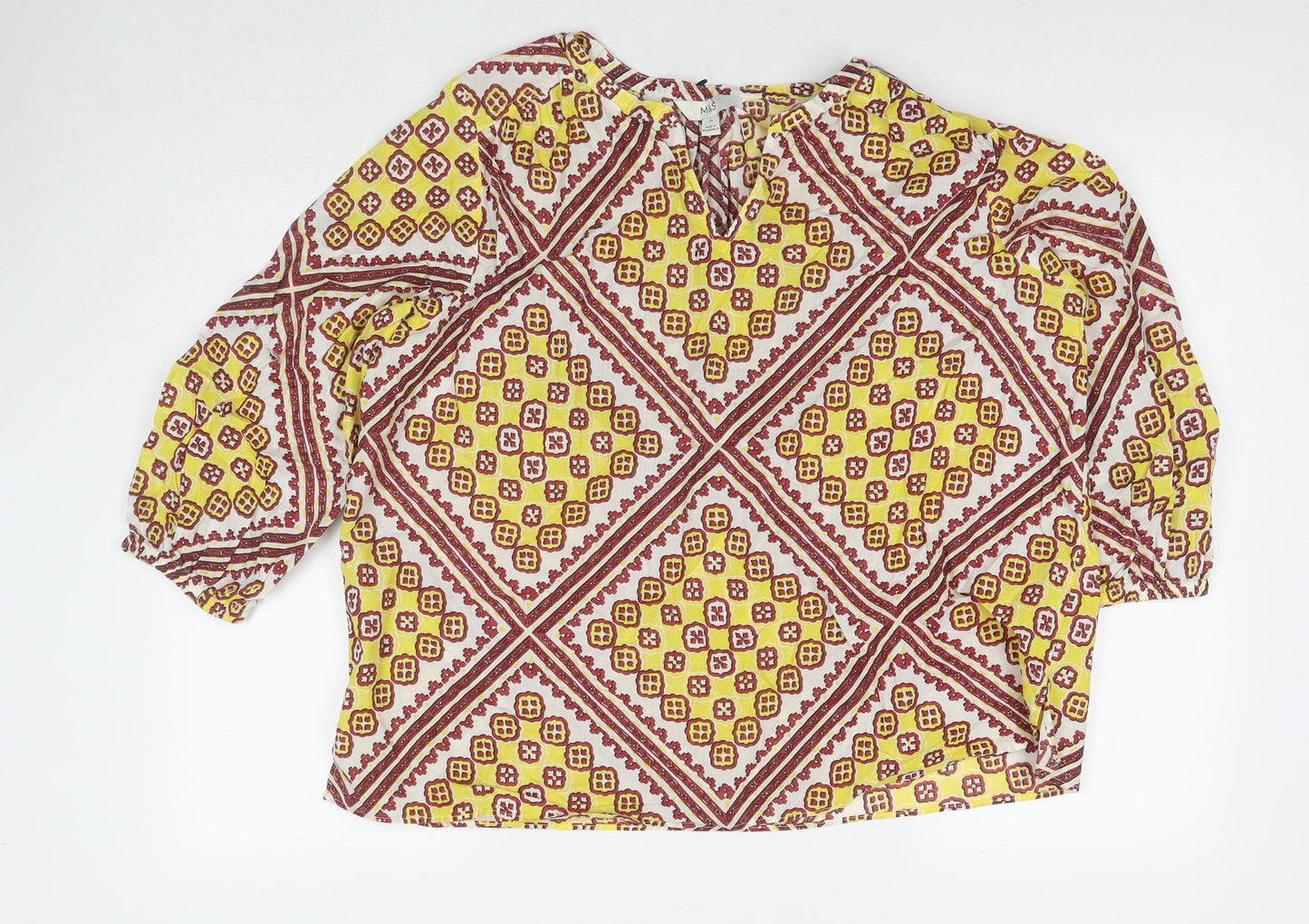 Marks and Spencer Womens Yellow Geometric Cotton Basic Blouse Size 16 V-Neck