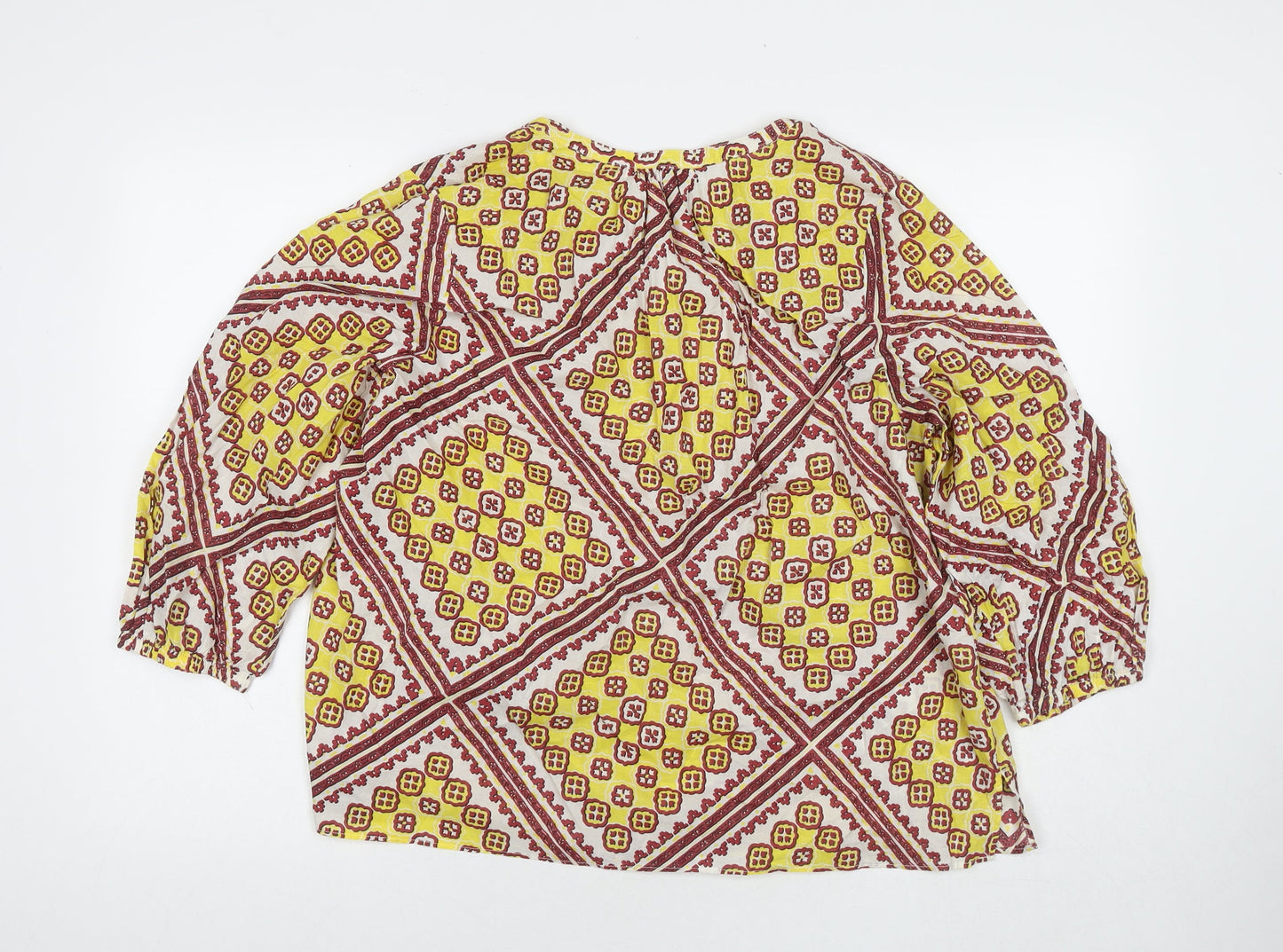 Marks and Spencer Womens Yellow Geometric Cotton Basic Blouse Size 16 V-Neck