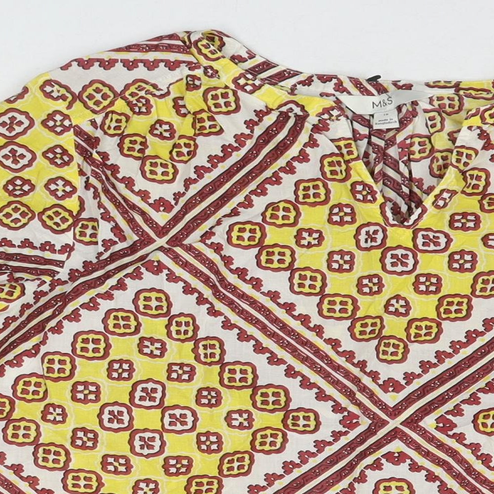 Marks and Spencer Womens Yellow Geometric Cotton Basic Blouse Size 16 V-Neck