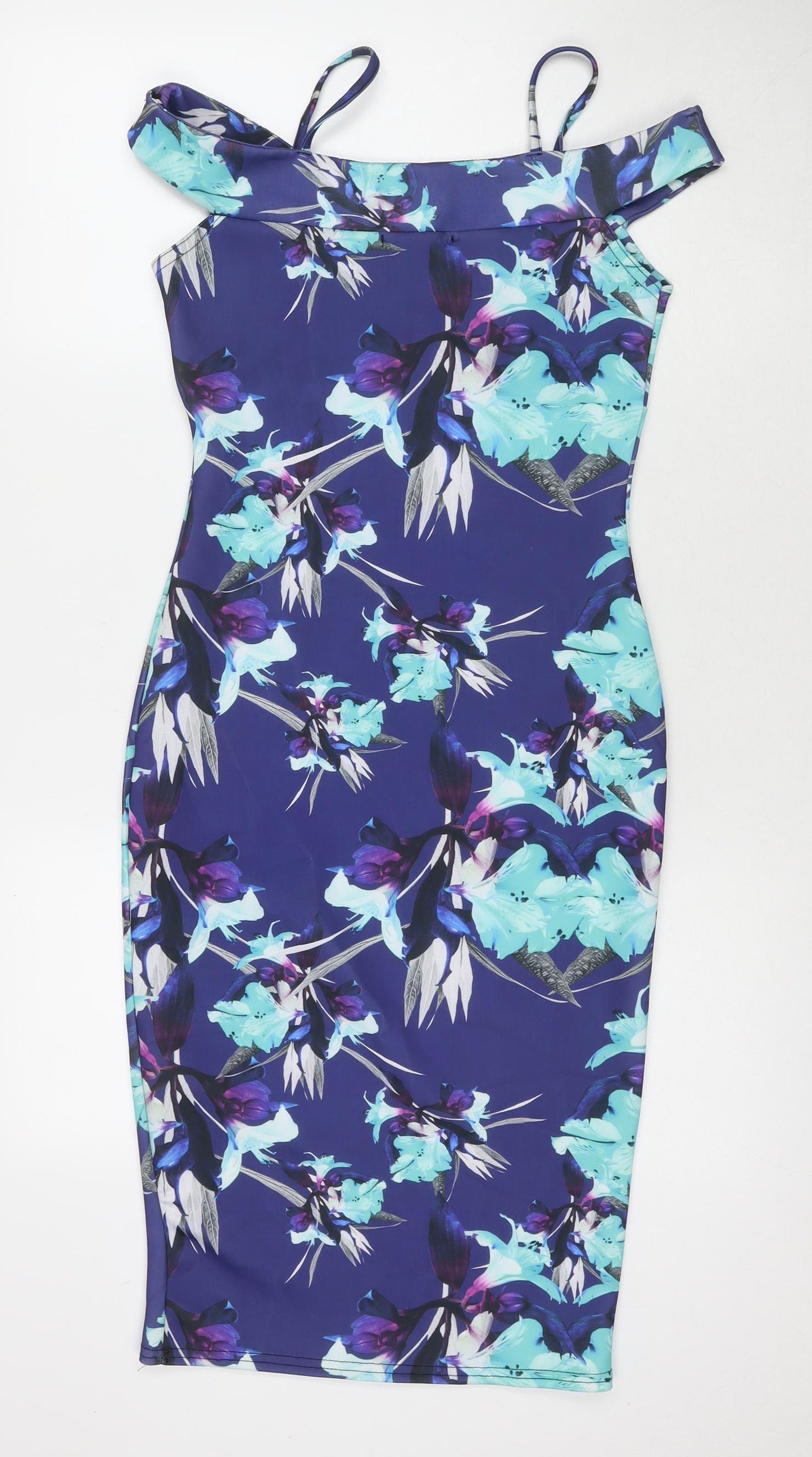 Quiz Womens Blue Floral Polyester Bodycon Size 10 Off the Shoulder Pullover