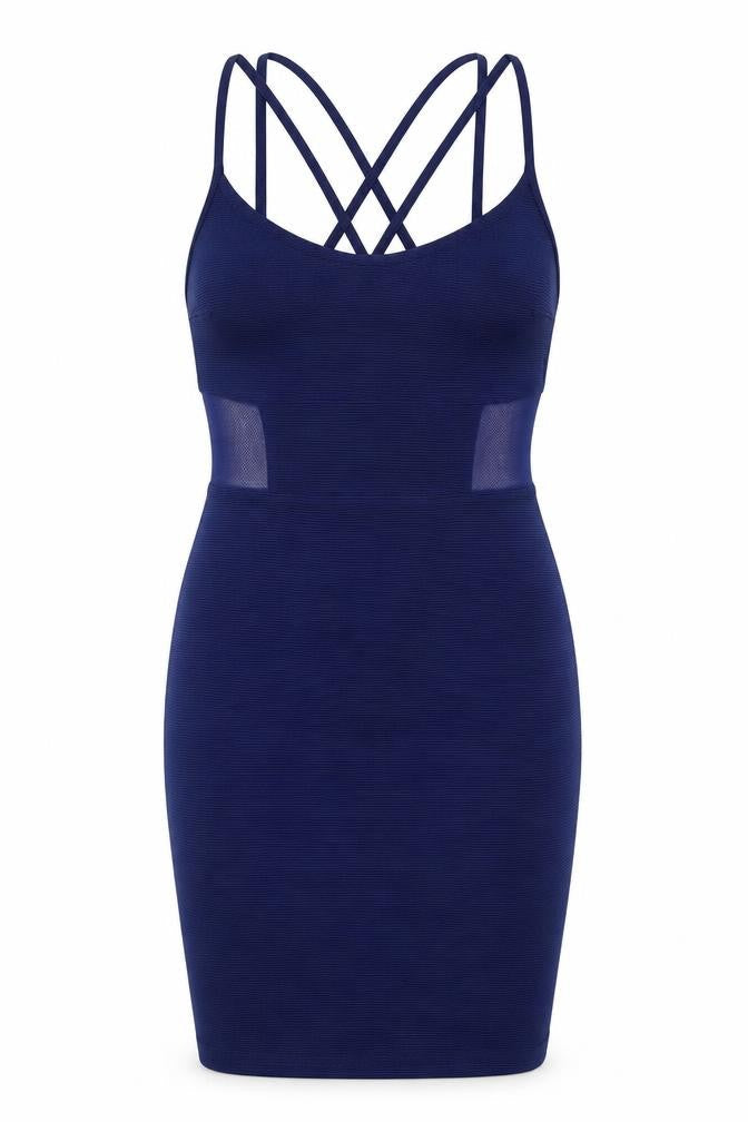 Front view of Miss Selfridge women’s blue polyester bodycon, size UK 4, round neck pullover