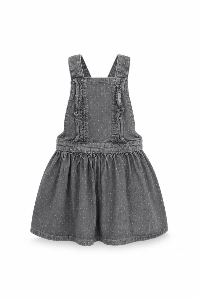 Front view of Mini Club girls’ grey cotton pinafore/dungaree dress, size 18-24, months square neck