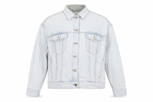 Front view of Denim & Co. women’s blue biker jacket, size UK 14, button