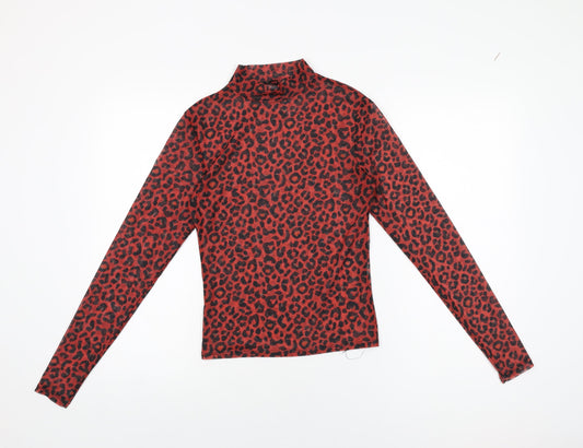 Pull&Bear Womens Red Animal Print Polyester Basic T-Shirt Size M High Neck