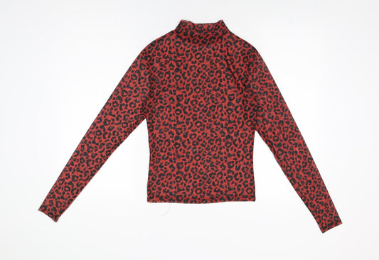 Pull&Bear Womens Red Animal Print Polyester Basic T-Shirt Size M High Neck