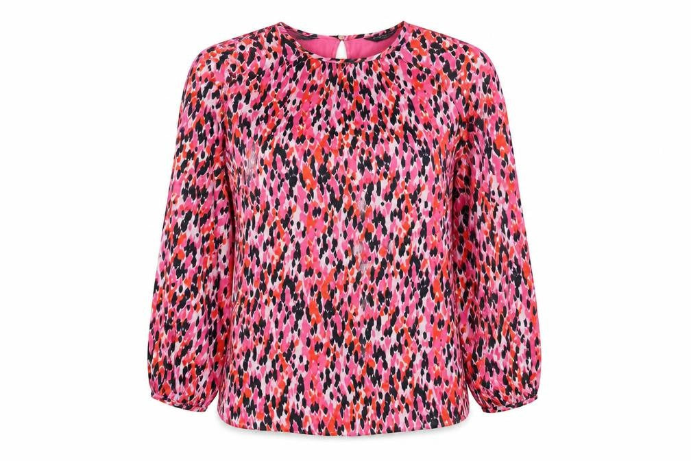 Marks and Spencer Womens Pink Geometric Polyester Basic Blouse Size 8 Round Neck