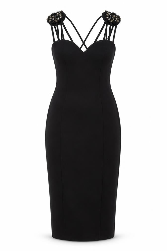 Front view of ASOS women’s black polyester bodycon, size UK 6, sweetheart pullover