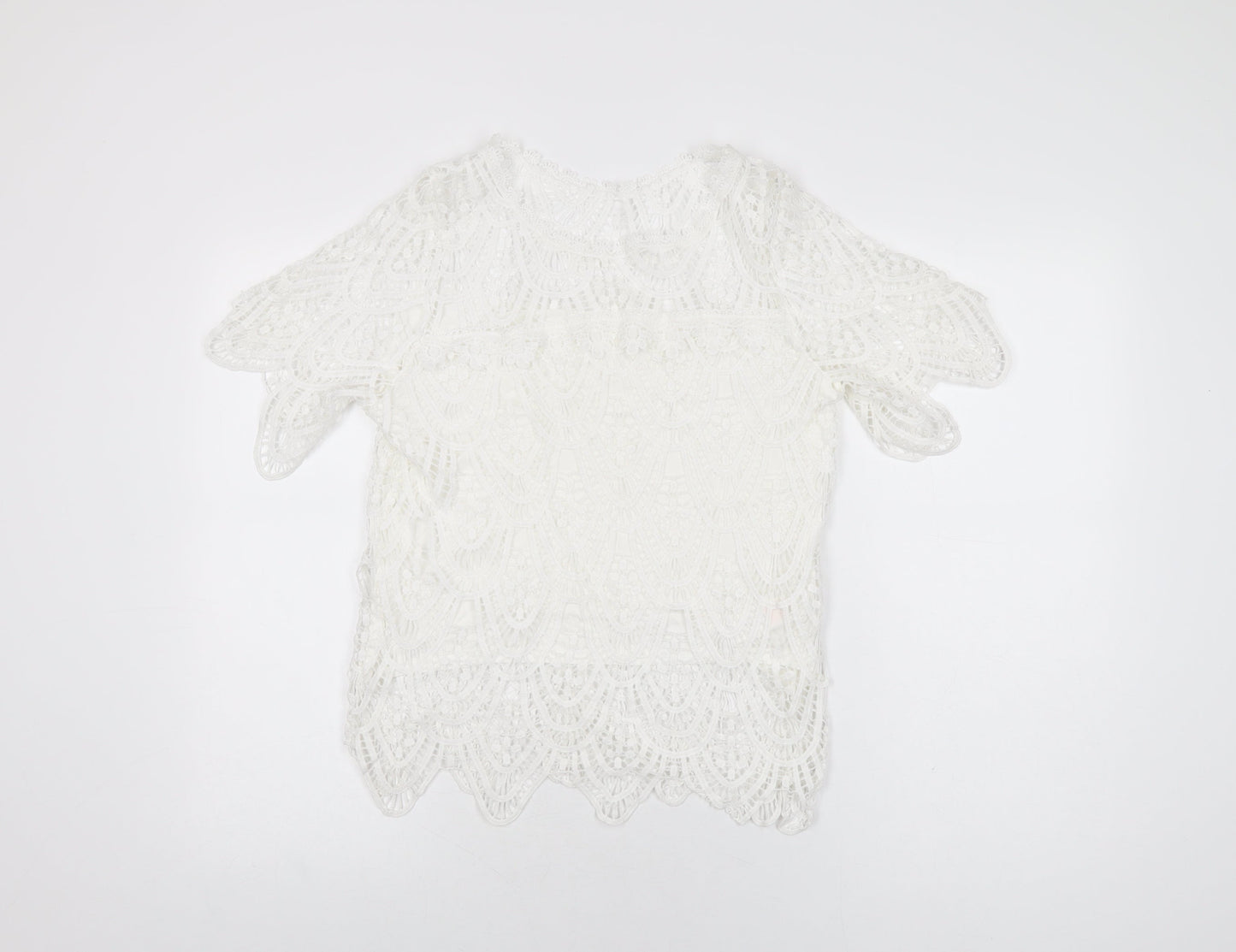 New Look Womens White Geometric Polyester Basic T-Shirt Size 12 Round Neck