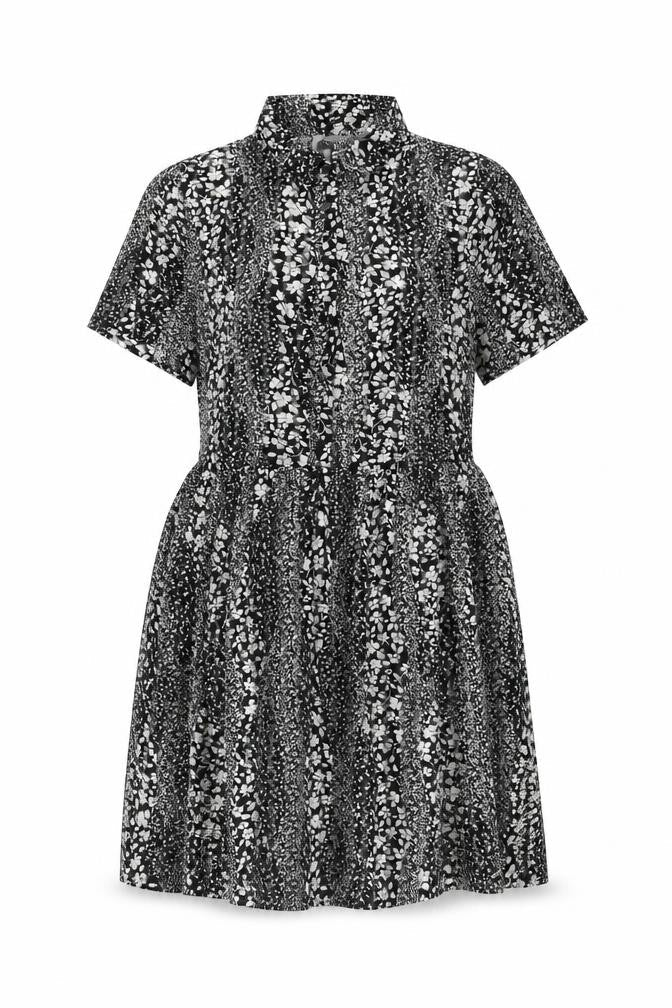 Front view of ICHI women’s black floral polyester skater dress, size UK 8, collared button