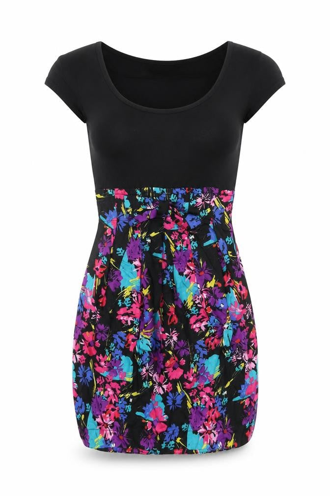 Front view of Miss Selfridge women’s black floral viscose mini, size UK 4, scoop neck zip