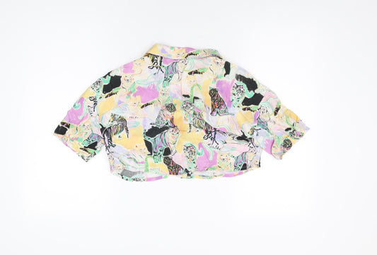 Pull&Bear Womens Multicoloured Geometric Polyester Cropped Button-Up Size S Collared