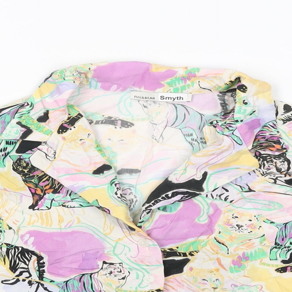 Pull&Bear Womens Multicoloured Geometric Polyester Cropped Button-Up Size S Collared