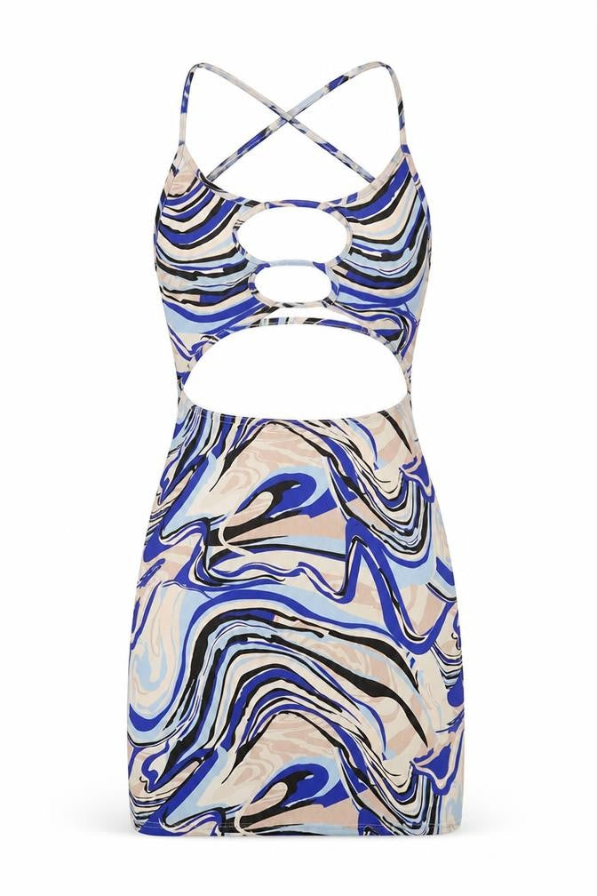 PRETTYLITTLETHING Womens Blue Geometric Polyester Mini Size 8 Round Neck Pullover - Cut Out