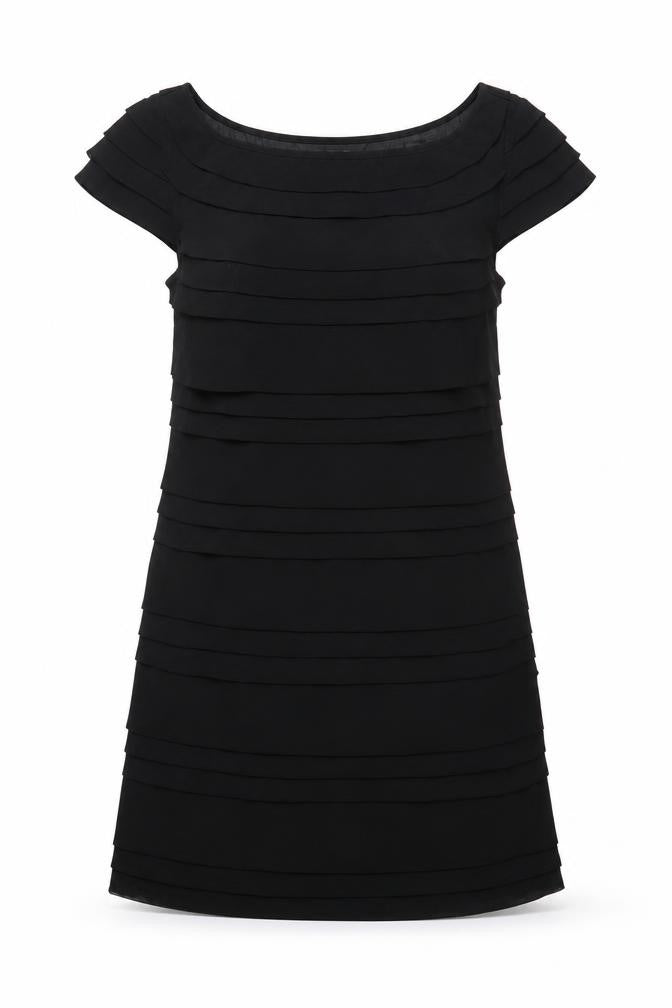Front view of French Connection women’s black polyester pencil dress, size S, boat neck zip