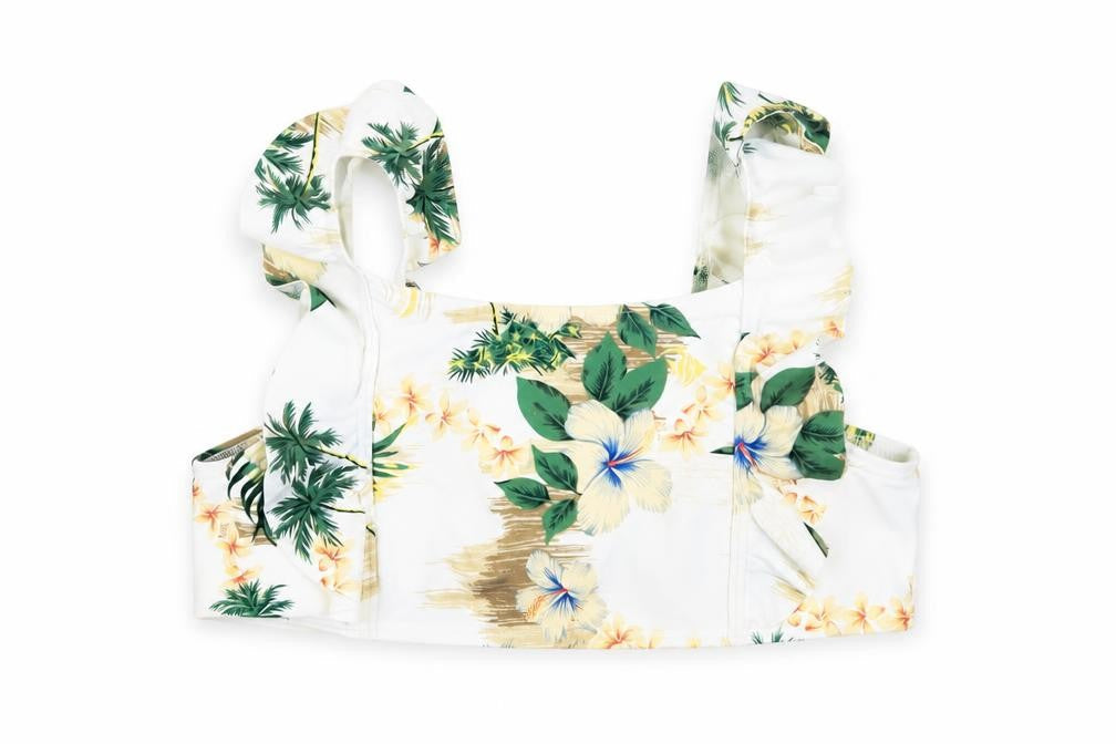 Front view of Marks & Spencer girls’ white floral polyamide cropped tank, size 10-11, years square neck - swim top