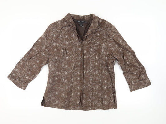 Anne Carson Womens Brown Floral Linen Basic Button-Up Size L Collared - Vintage