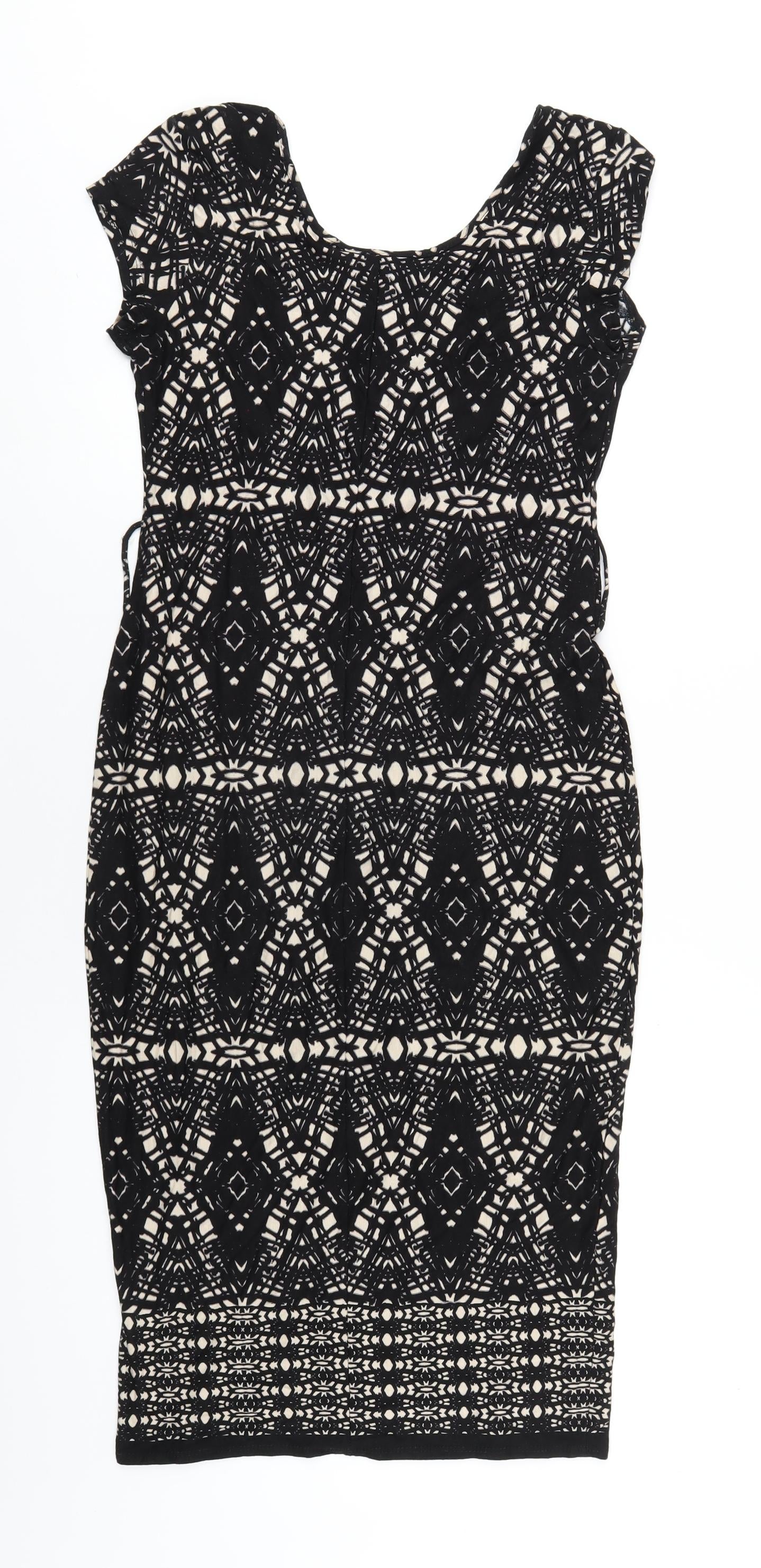 Wallis Womens Black Geometric Viscose Bodycon Size S Scoop Neck Pullover